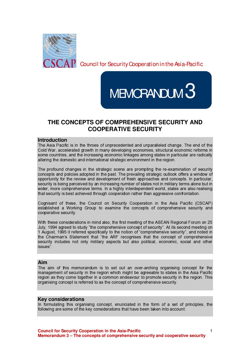 CSCAP Memorandum No.3 – The Concepts of Comprehensive Security and Cooperative Security