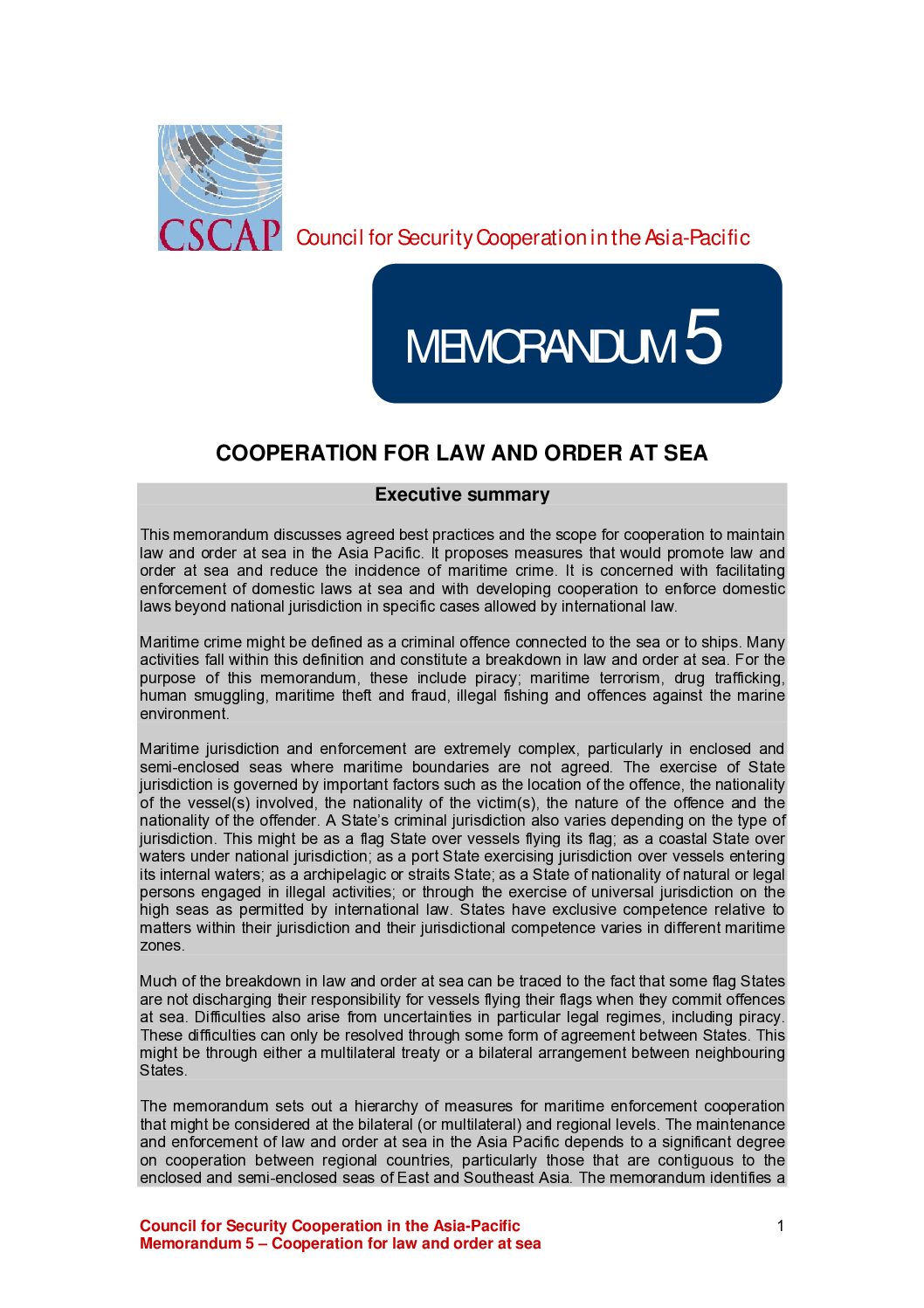 CSCAP Memorandum No.5 – Cooperation for Law and Order at Sea